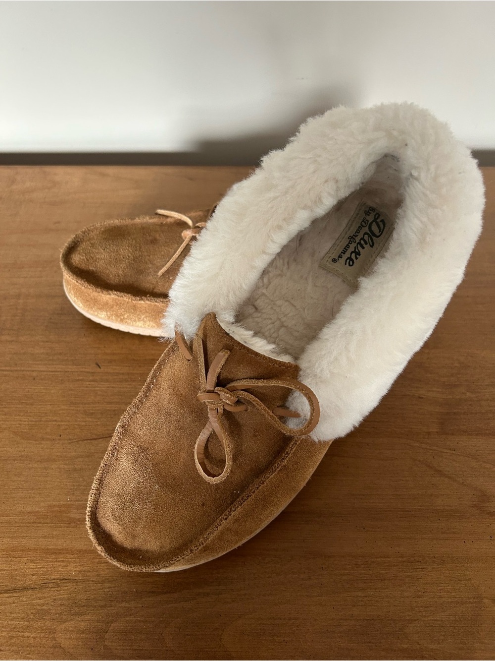 dearfoams Chestnut Brown Suede Moccasin Slippers with Cream Shearling Collar